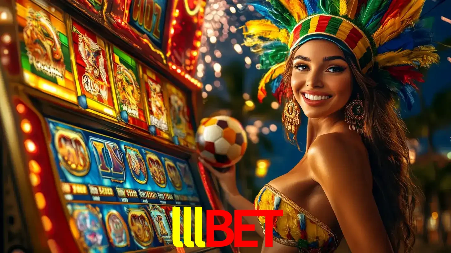 Mulher com um cocar de carnaval ao lado de uma máquina de caça-níqueis enquanto segura uma bola de futebol, mostrando a união da diversão de cassino e esportes no lllbet.