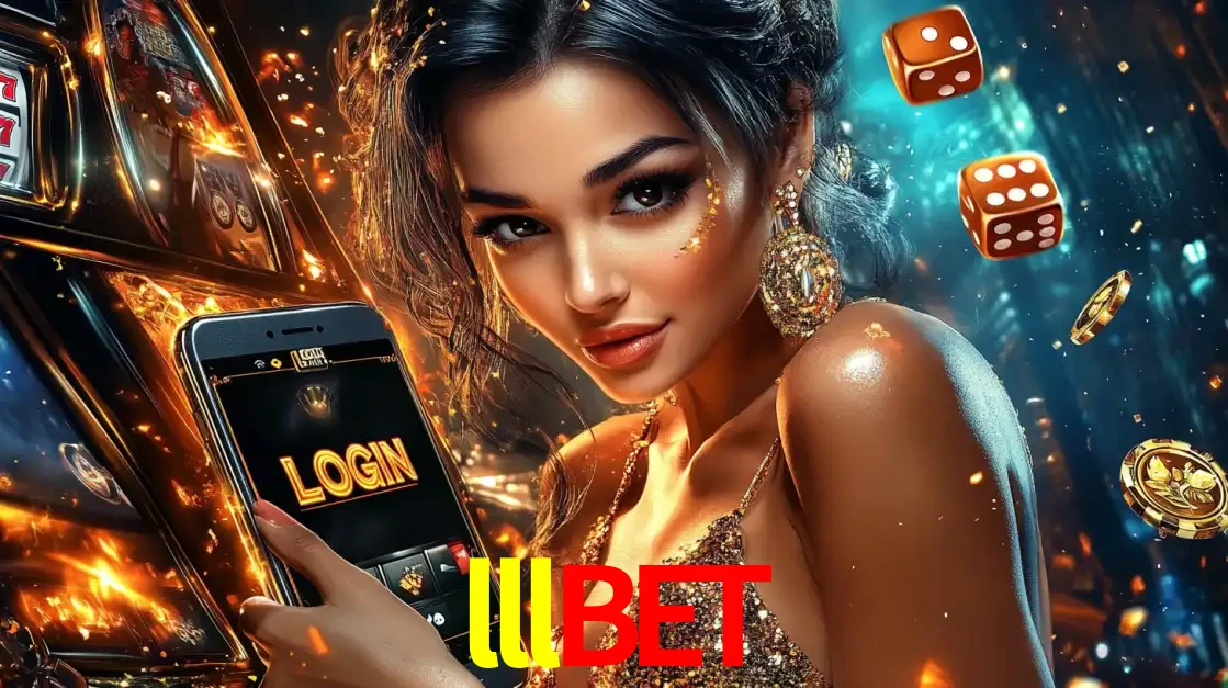 Mulher glamourosa segurando um celular com a tela de login do cassino lllbet, rodeada por dados e moedas douradas, pronta para começar a diversão.
