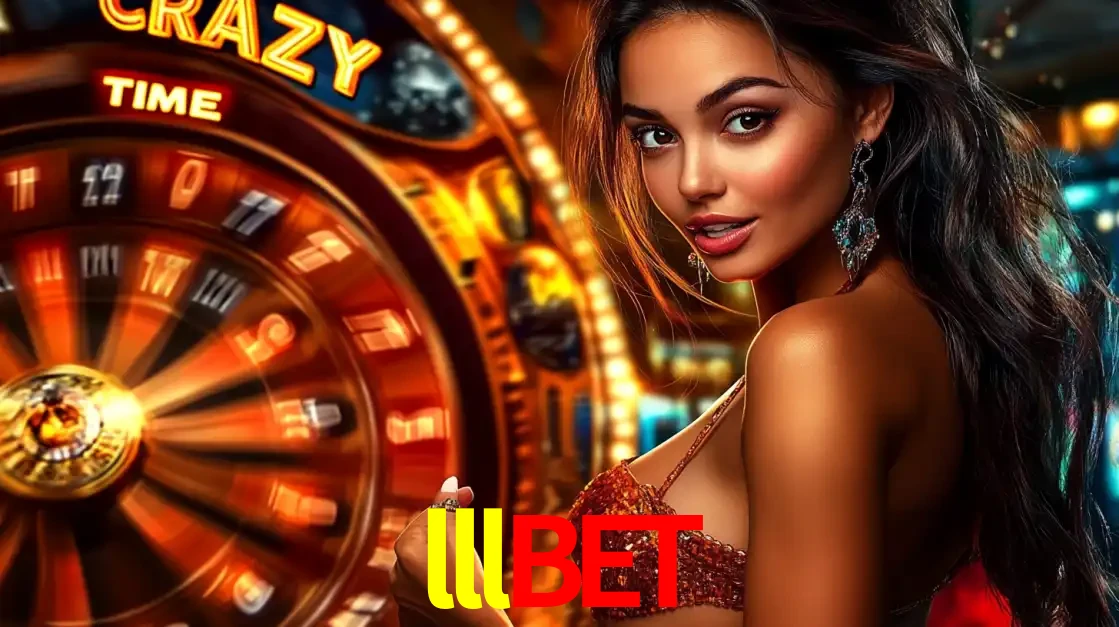 Mulher ao lado da roda de prêmios do jogo de cassino ao vivo Crazy Time, um dos shows de jogos mais emocionantes oferecidos pela plataforma de apostas lllbet.