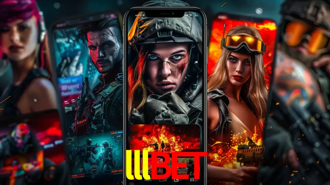 Montagem de telas de celular mostrando diversos personagens, masculinos e femininos, de um jogo de tiro, ilustrando a diversidade de equipes de e-sports para apostar no lllbet.