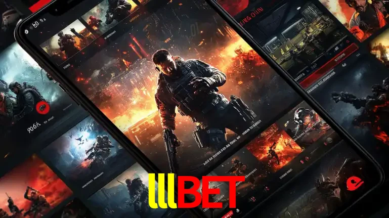 Tela de um celular exibindo uma galeria de jogos de tiro com temática militar, mostrando a variedade de e-sports disponíveis para apostas na plataforma de entretenimento lllbet.