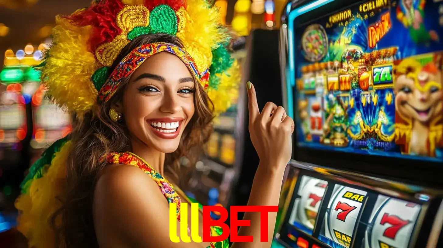 Mulher animada com um cocar de carnaval apontando para uma máquina de caça-níqueis, mostrando a emoção de ganhar um grande prêmio nos jogos do lllbet.