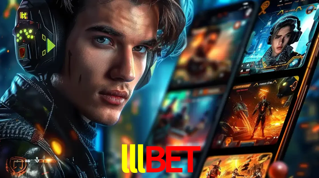 Jovem jogador com fones de ouvido olhando para a câmera, com um aplicativo de jogos e e-sports para celular ao fundo, pronto para a competição e apostas no lllbet.