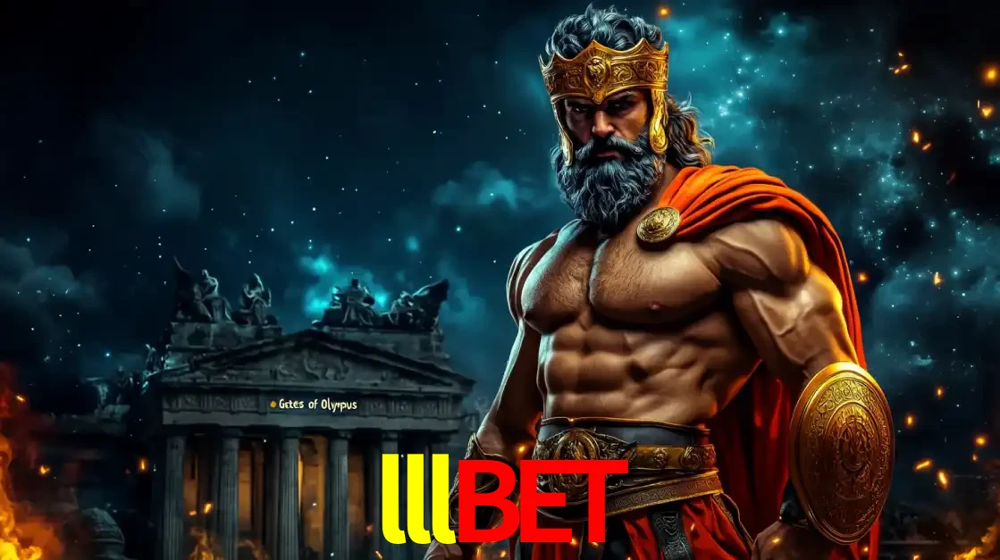O poderoso Zeus do jogo de slot Gates of Olympus em frente ao seu templo, pronto para lançar multiplicadores divinos e prêmios épicos no cassino online lllbet.