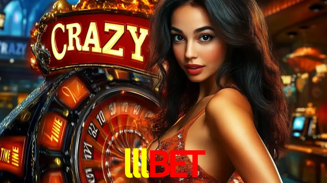 Mulher glamourosa olhando para a câmera com a roda vermelha do Crazy Time ao fundo em um ambiente de cassino, destacando a emoção dos jogos ao vivo no lllbet.