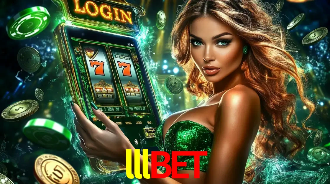 Mulher com tema verde apresentando o aplicativo do cassino lllbet com um jogo de slot de 777, cercada por fichas de cassino e uma aura de sorte.