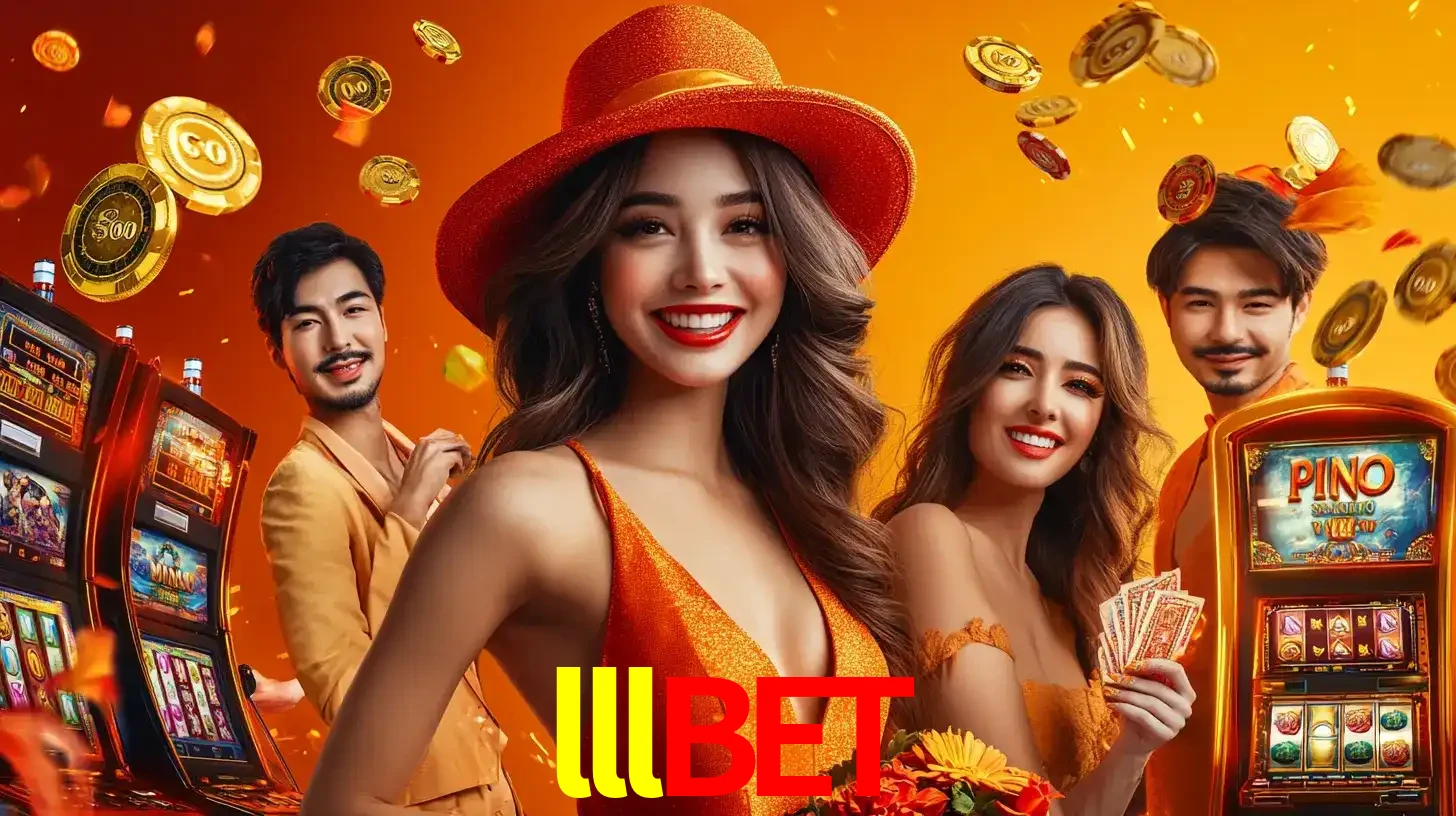 Grupo de amigos asiáticos sorrindo e se divertindo com máquinas de caça-níqueis em um ambiente festivo, celebrando suas vitórias nos jogos de cassino do lllbet.