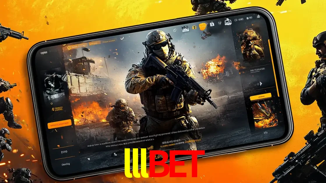 Um smartphone exibindo a interface de um jogo de tiro em primeira pessoa, com um soldado em um cenário de batalha, representando a ação dos e-sports para apostar no lllbet.