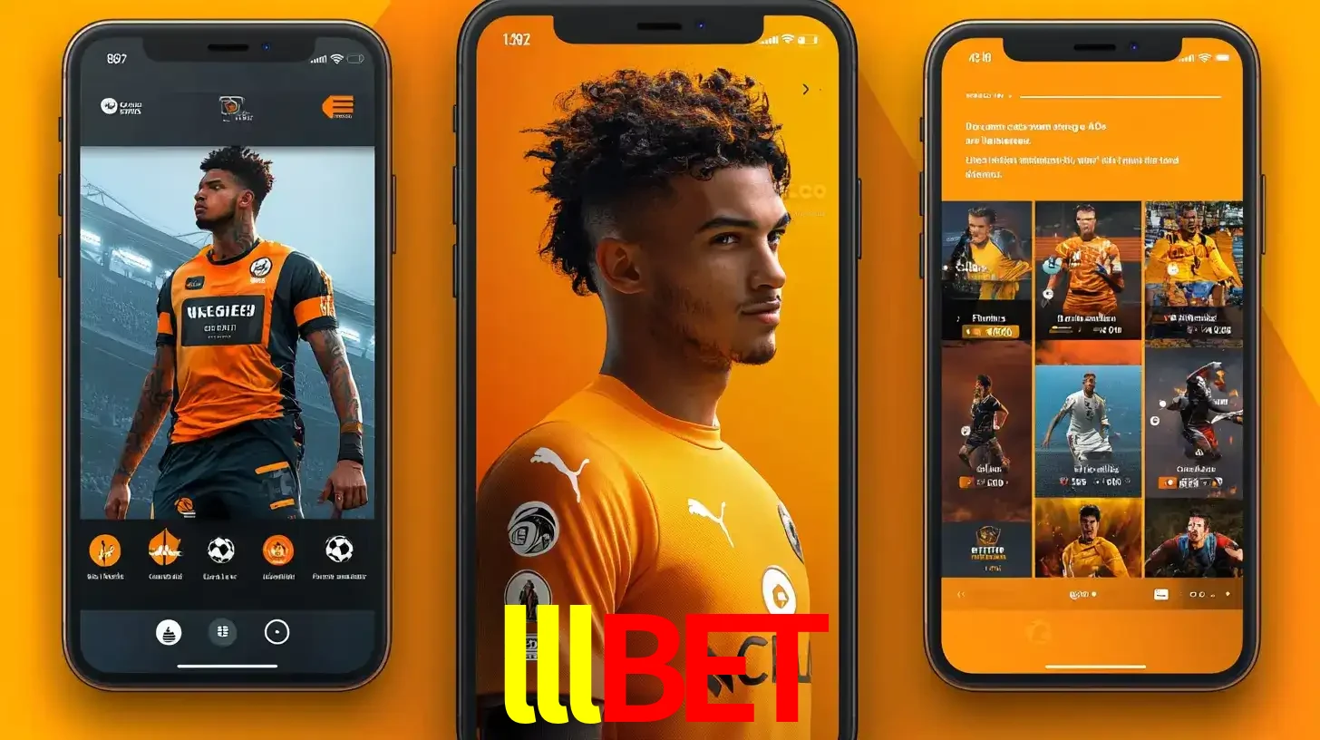 Interface do aplicativo de apostas esportivas lllbet em três telas de celular, mostrando o perfil de um jogador de futebol e a lista de jogos disponíveis para apostar.