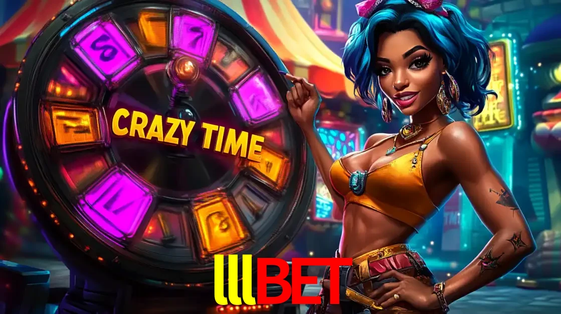 Mulher estilizada com cabelo azul e visual vibrante posando ao lado da roda de prêmios do game show Crazy Time, convidando para a diversão e os bônus do cassino lllbet.