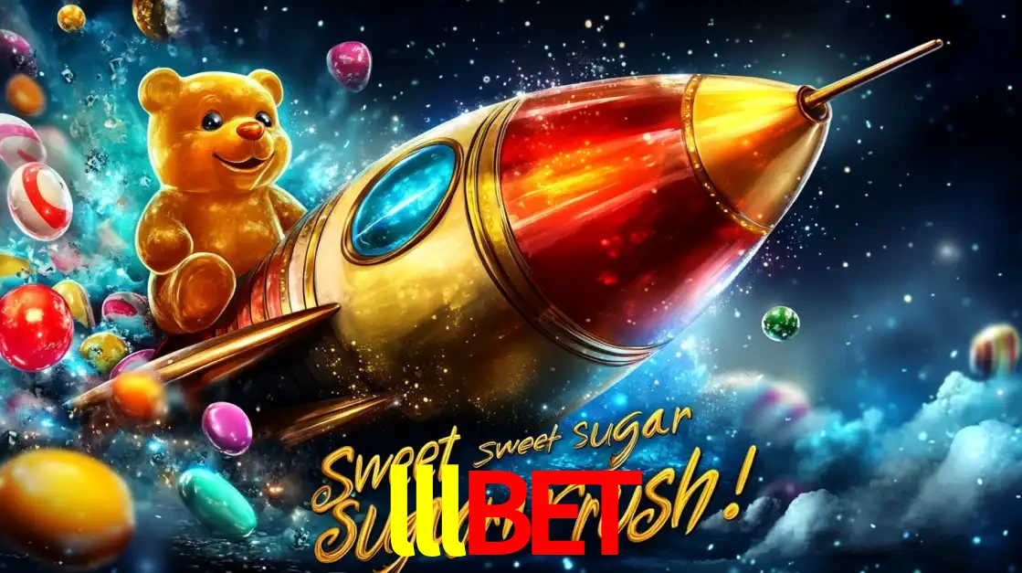 Arte promocional do jogo de slot Sugar Rush, com um urso de pelúcia em um foguete viajando pelo espaço de doces, um dos jogos divertidos disponíveis no cassino lllbet.