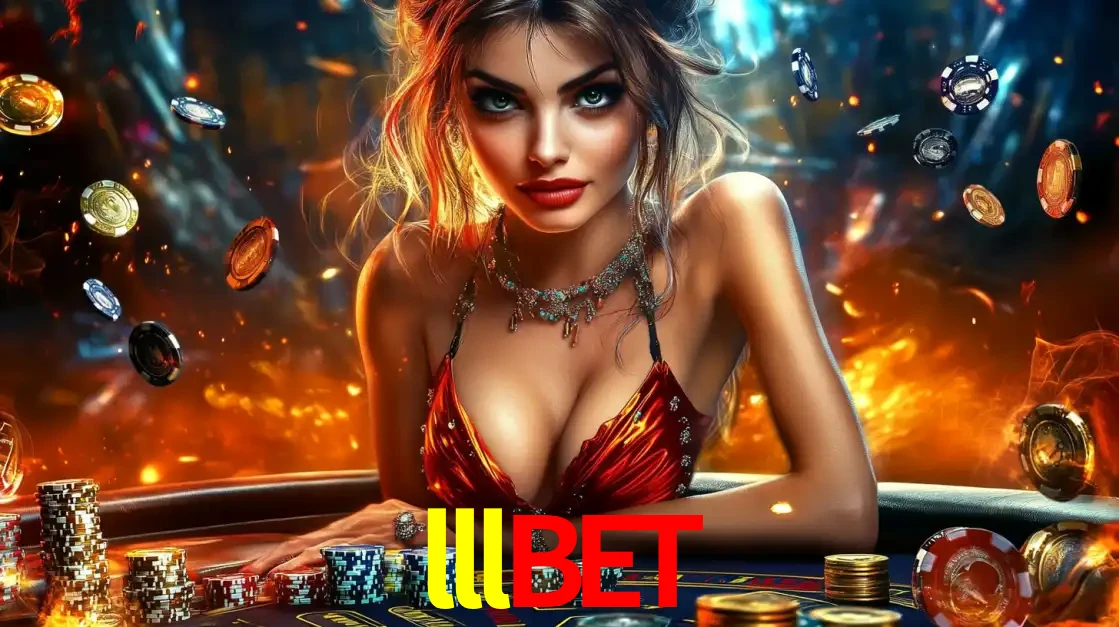 Mulher em uma mesa de cassino com pilhas de fichas e um fundo de fogo, pronta para uma rodada de altas apostas nos jogos de mesa emocionantes do cassino lllbet.
