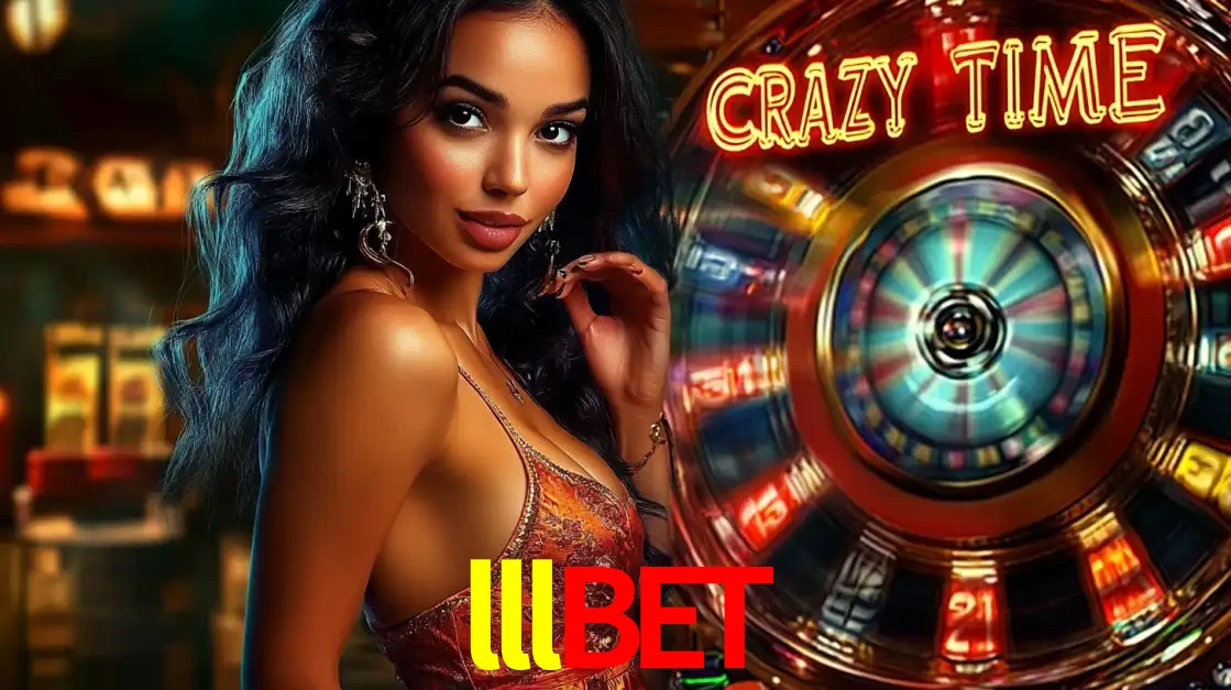 Mulher elegante ao lado da vibrante roda da fortuna do jogo de cassino ao vivo Crazy Time, um dos game shows mais populares e cheios de prêmios do lllbet.