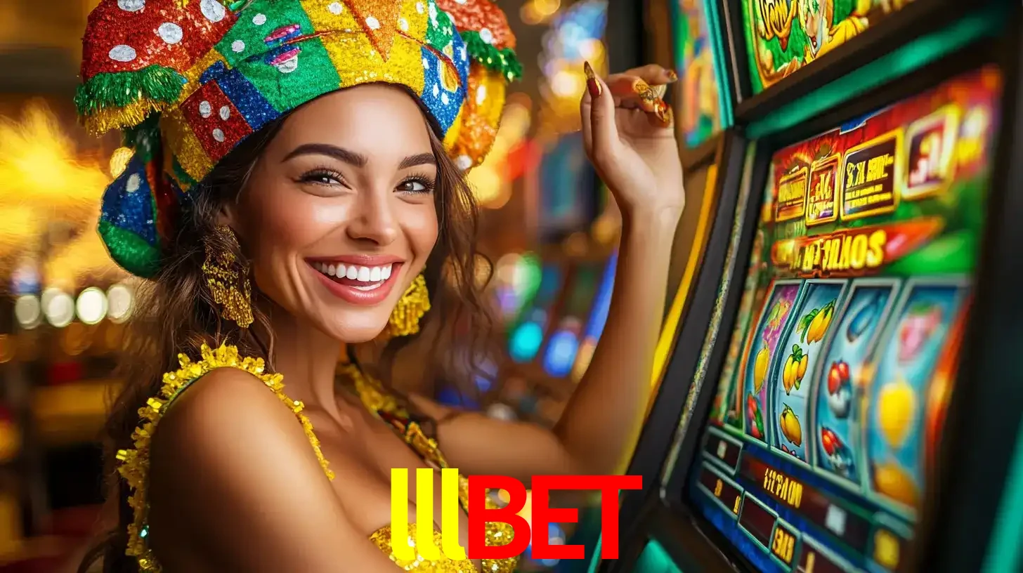 Mulher feliz com traje de carnaval amarelo e colorido ao lado de uma máquina de caça-níqueis, aproveitando a diversão e os jogos temáticos do cassino lllbet.