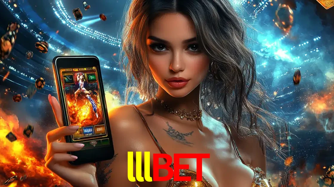 Mulher segurando um celular com um jogo de slot em destaque, tendo como fundo um estádio vibrante, simbolizando a emoção de jogar no cassino móvel lllbet.