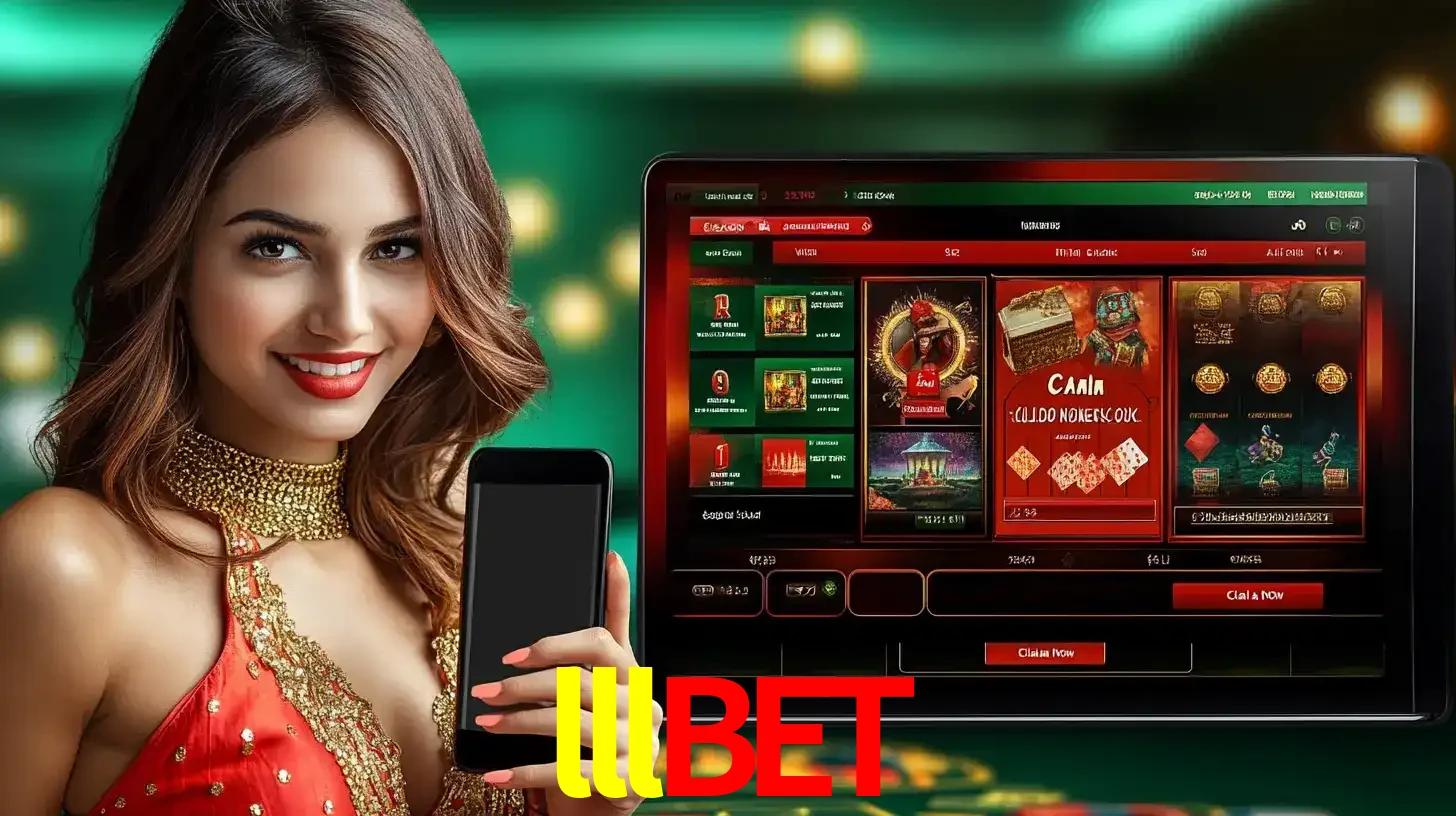Mulher sorridente segurando um smartphone, ao lado de uma tela exibindo o lobby de jogos do cassino online lllbet, com várias opções de jogos de cartas e slots.